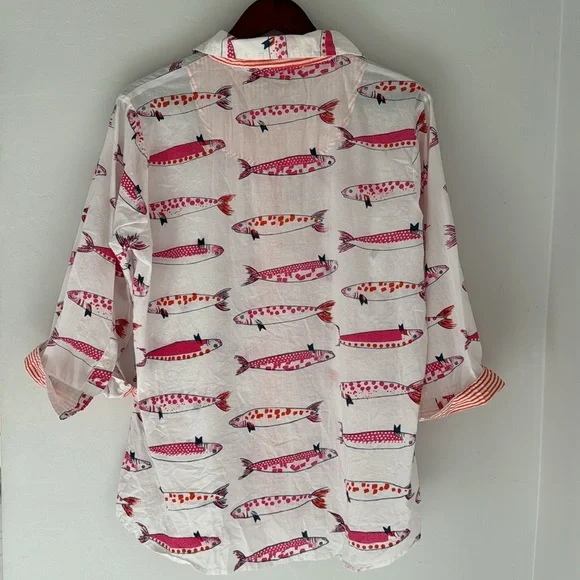 Gretchen Scott Blouse Womens XL Fish Print Button Up Shirt Beach Vacation Cotton - Picture 7 of 12